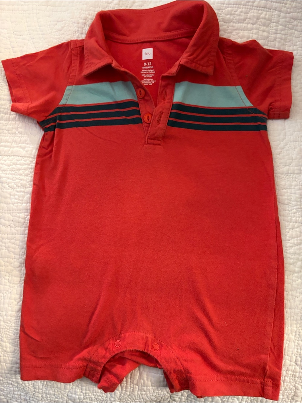 Kids Tea Collection Red Polo Romper with Teal and Navy Stripes